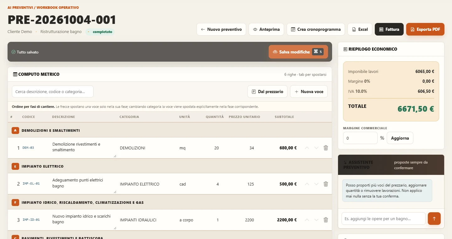 Editor di AI Preventivi con voci, quantità e prezzi di un preventivo edile dimostrativo