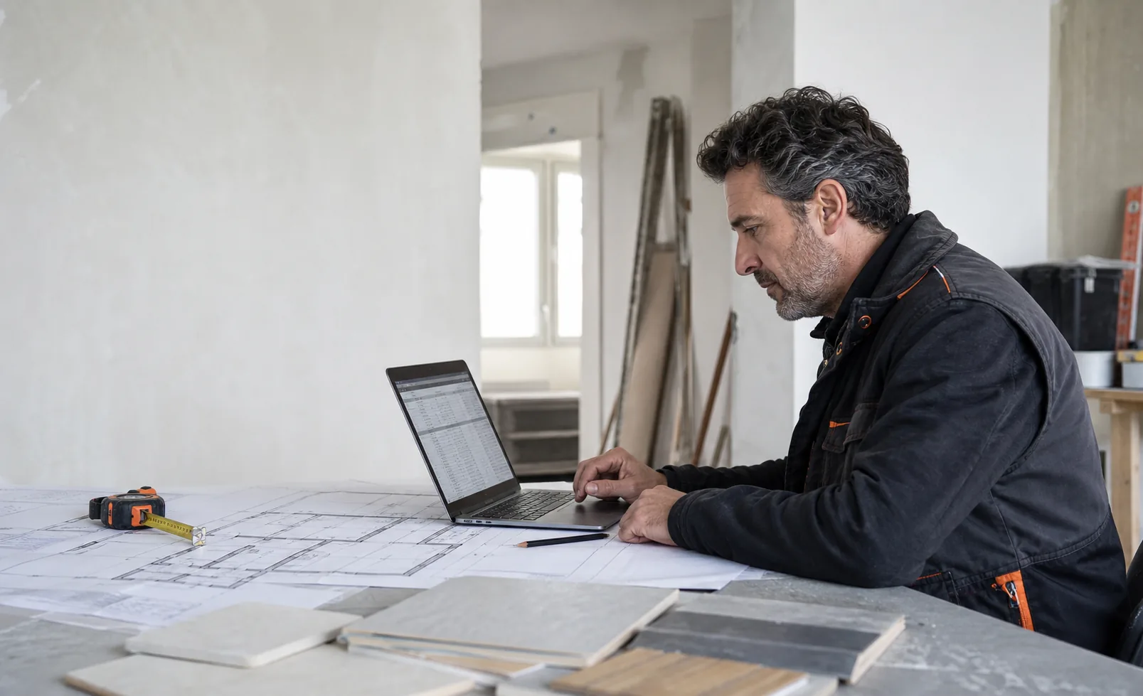 Professionista edile prepara un preventivo al computer confrontando planimetria, misure e materiali