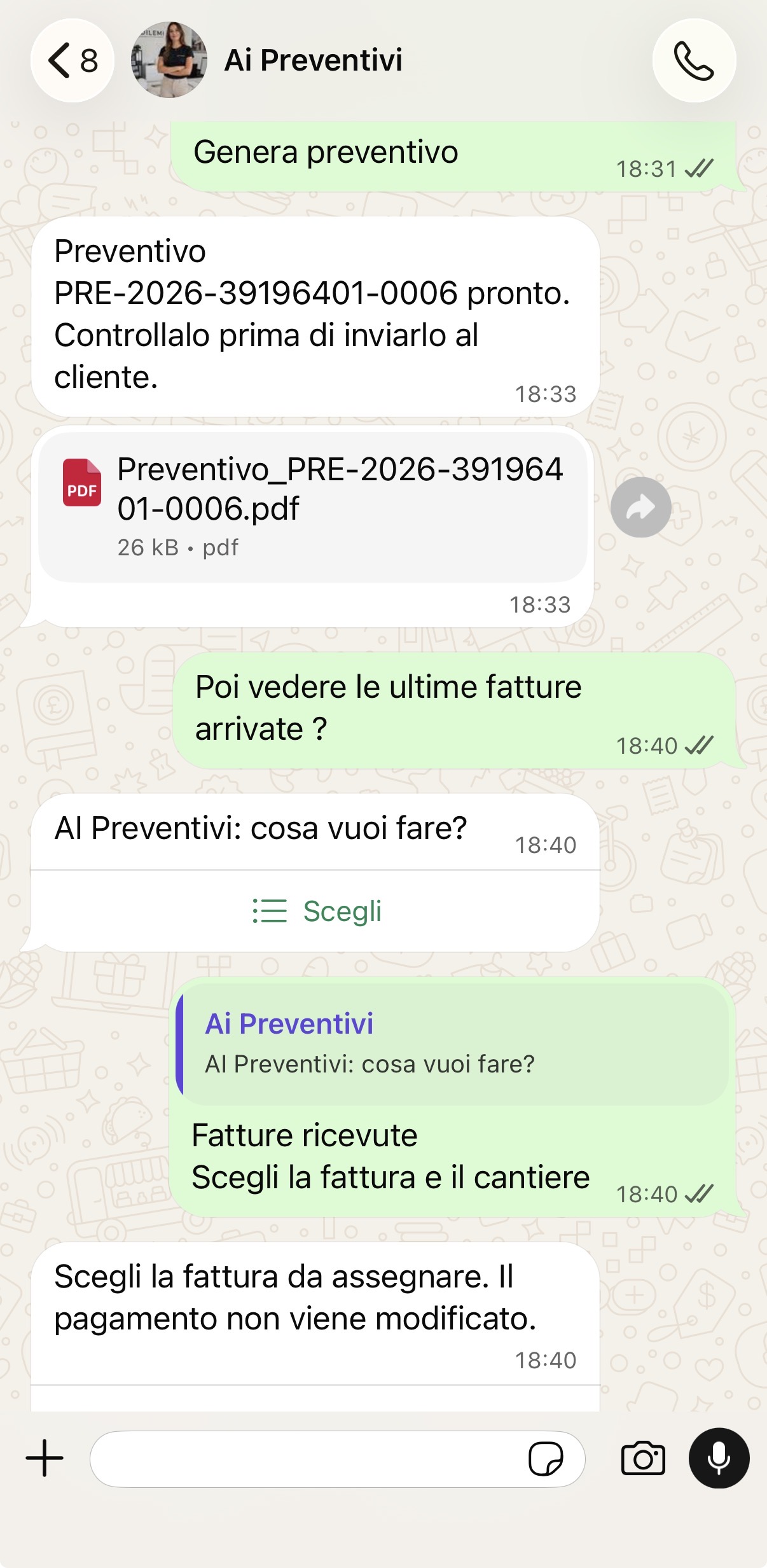 AI Preventivi consegna un PDF in WhatsApp e mostra il menu Fatture ricevute